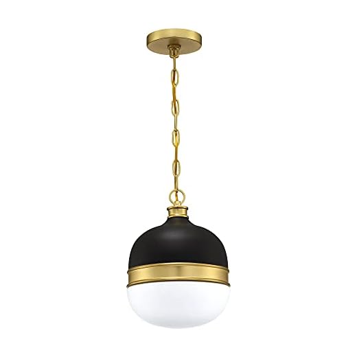 MOTINI Globe Pendant Light, Matte Black and Gold Brushed Brass Pendant Lighting with White Opal Glass Shade, Mid Century Modern Ceiling Hanging Light Fixture for Kitchen Island Dining Room Entryway