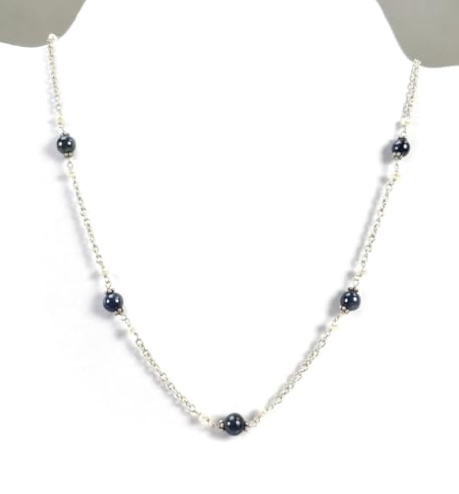 Natural Untreated Blue Sapphire & White Pearl Necklace