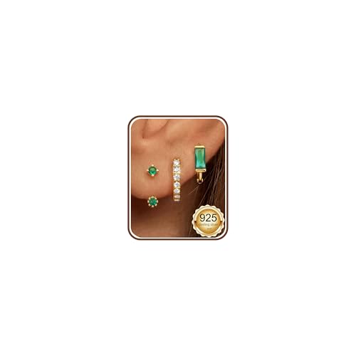 JeweBella 3 Paar Ohrringe Silber 925 Set für Damen - 14 Karat Vergoldet Kleine Ohrstecker Stapelbar Zirkonia Creolen für Mehrere Piercings