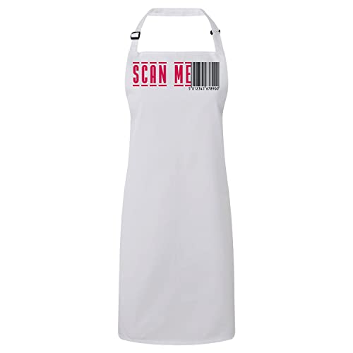 Tablier cuisine blanc premium avec motif code barre scan me noir et rouge
