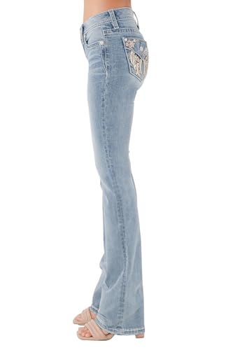 Miss Me Women's Floral Wing Embellished Faux Flap Pockets Mid-Rise Bootcut Jeans3