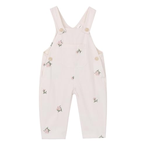 Korago Baby Girl Overalls Corduroy with Floral Embroidery Beige Toddler Jumpsuit Romper Soft Overall for Girls (6 Months-3T) (Beige 12-18 M)