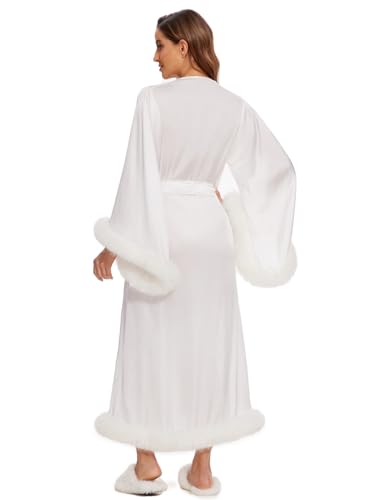 Women Sexy Feathers Collar Perspective Sheer Long Lingerie Robe Nightgown Bathrobe Pajamas Sleepwear