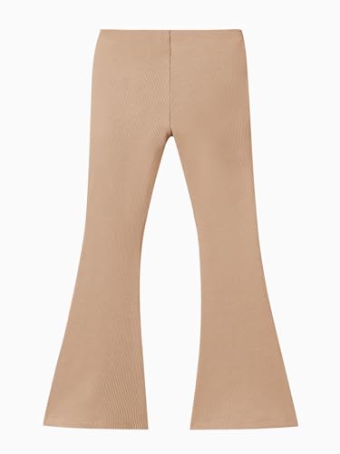 Image of Haloumoning Girls Kids Elastic Waist Ribbed Flare Split Bottom Pants Stretch Casual Long Pants(5-14Y) Khaki