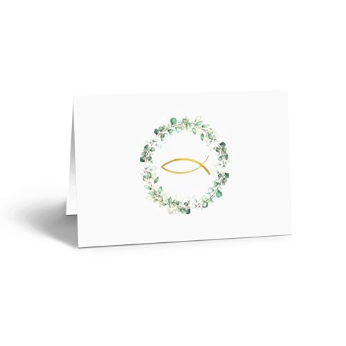 Cartes marque place, Lot de 24: Porte-noms pour baptême, mariage ou communion, avec eucalyptus et poisson doré pour table festive, personnalisables pour invités, décoration chrétienne, 8,5 x 5,5 cm