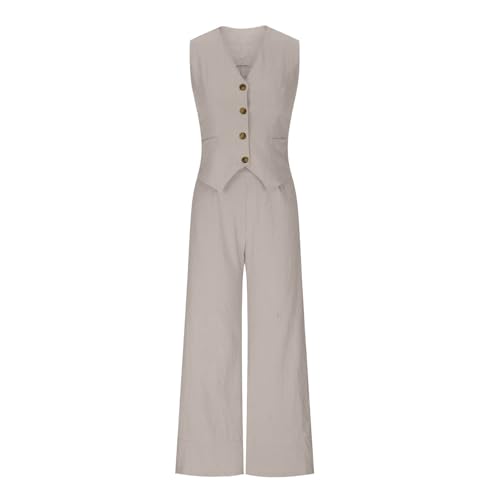 Mrat Damen-Weste und Hose, Set aus Baumwollleinen, Sommer-Trainingsanzug, komplettes Set, 2-teiliges Outfit, ärmellos, V-Ausschnitt, Knopf, Weste, weite Beinhose, 2-teiliger Blazer, Anzug, Business