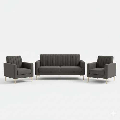 Image of 3+1+1 Seater Velum Fabric Sofa Set for Living Room, Modern Design with High Density Foam, Solid Wood Frame, Ergonomic Comfortable Seating for Home & Office (Dark Grey, 3+1+1) | Soft foam comfort, Strong wood frame
