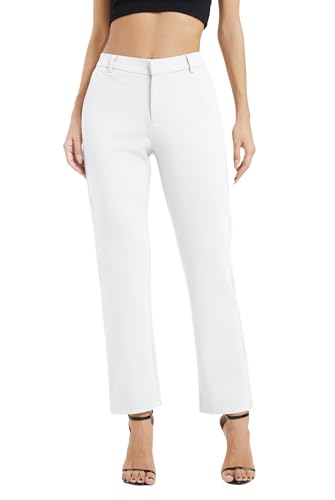 Mujeres Casual Comercio Rectas Piernas Trabajo Elástica Cintura Traje Pantalones con Bolsillos(L, Blanco)