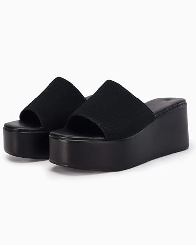 Image of Coutgo Womens Platform Slides Sandals Square Open Toe Slip On Elastic Band Casual Lightweight Wedge Shoes