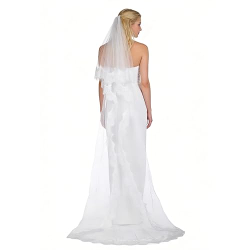 Toyosport Cathedral Wedding Veil, 2 Tier White Lace Bridal Veil with Comb, Elegant Floral Trim Design for Church Ceremonies and Anniversaries