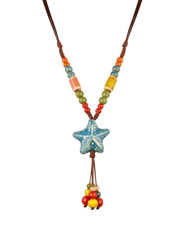 Collar bohemio hecho a mano con estrella de mar para mujer, colgante de cerámica pulida, diseño de cuentas coloridas, cordón ajustable, joyería inspirada en la playa y el verano, accesorio ideal para