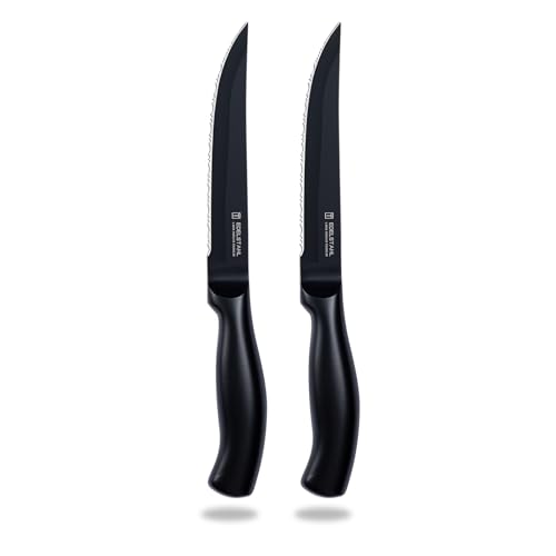 targzier Steak Knives Set of 2,Stainless Steel Steak Knife,Serrated Edge Knife,Sharp Forged Kitchen Knifes,Anti Slip&Scratch Resistant,Black