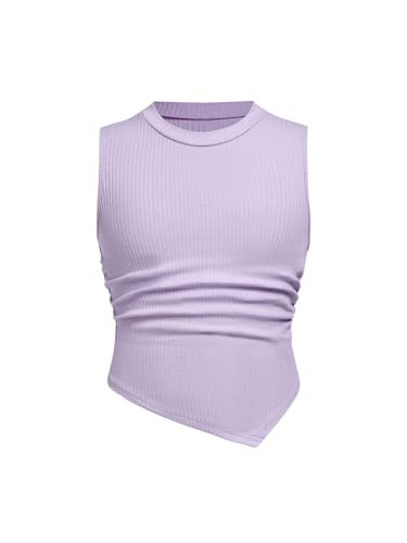 Milumia Girl's Ruched Crew Neck Sleeveless Asymmetrical Hem Rib Knit Tank Top