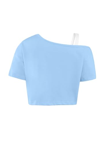 Image of Girls Off The Shoulder Tops Asymmetrical Short Sleeve Crop Top Cute Summer Tee Shirts
