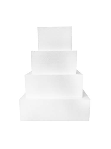 Shape Innovation - Square 4" Cake Dummy Set - Set of 4, Each 4" High by 6", 8", 10", 12" Square - Perfect for Wedding Cakes, Birthday Cakes, Display Cakes, Window displays, Parties