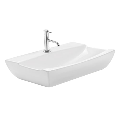 Image of Wash Basin Table Top Over Counter Vessel Sink Glossy Finish White Sink for Bathroom (19 x 13.5 x 4.5 Inch)