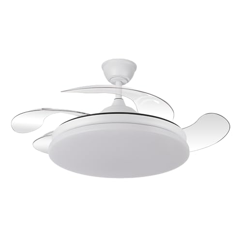 Bilake Ventilador de Techo con Aspas Retráctiles y Luz LED. Motor DC Ultra Silencioso, Bluetooth (App) y Mando, Función Invierno/Verano, Memoria y Regulable Altura (Blanco Liso, 108cm | 50W | 6200lm)