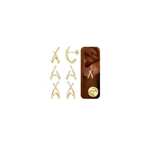 LOLIAS Pendientes Mujer Oro Pendientes Plata de Ley 925 Hipoalergénico Forma X Con Circonitas Brincos Mulher De Moda Joyería