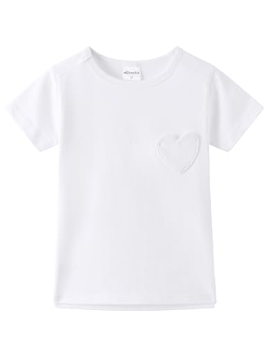 Image of Noomelfish Girls Short Sleeve Heart Pocket T-Shirts Casual Cotton Tee Tops Blouse (5-12 Years)