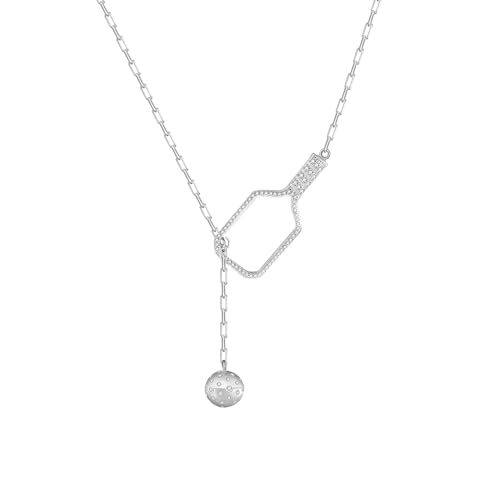 Pickleball Lariat Plus Paddle Necklace - Sterling Silver with Rhodium Plating Crystals Pickleball Necklace for Women | Pickleball Jewelry, Christmas Gifts for Pickleball Lovers