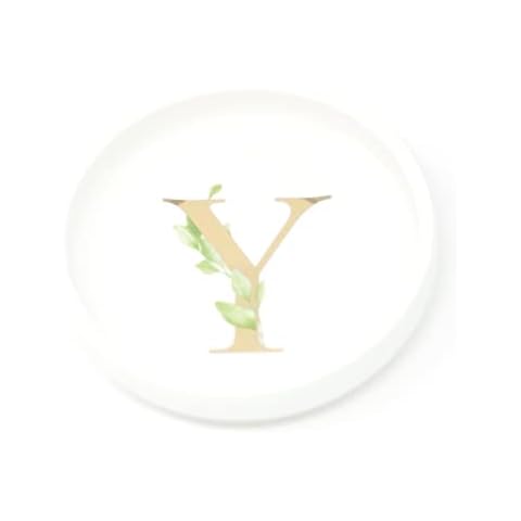 Trinket Tray Ring Dish with Personalized Y in Gold Foil and Greenery - White Ring Dish - Monogrammed Trinket Dish or Jewelry Bowl - Cedar & Ink (Y) Cover
