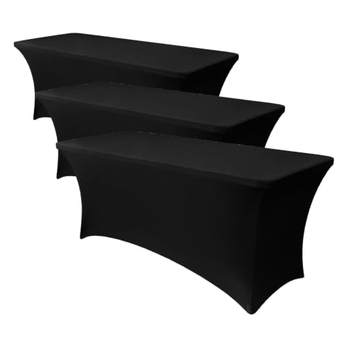 Image of Obstal 6ft Stretch Black Spandex Table Cloth for Standard Folding Tables - 6 Pack Universal Rectangular Fitted Tablecloth Protector for Wedding, Trade Show, Vendor Stand