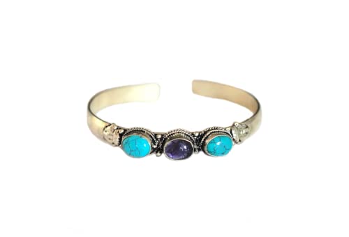 Boho Style Blue Stabilized Turquoise & Agate Adjustable Cuff Bracelet | Nepal Jewelry For Men & Women #TOP10