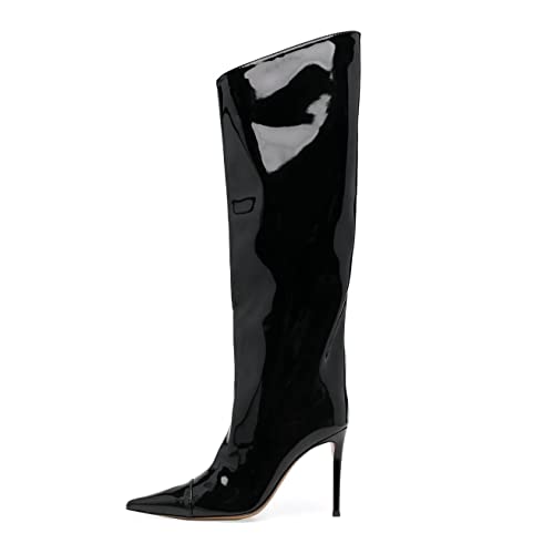 Image of Arqa Knee High Boots for Women Wide Calf 4 in Stiletto High Heel Metallic Boots Winter Chrome Zipper Long Boots Dressy Party Shoes