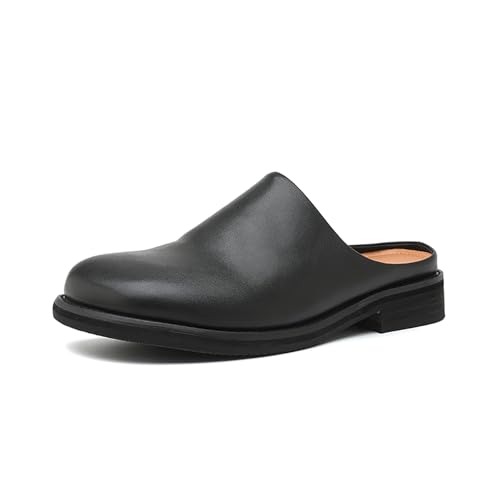 Men's Leather Mules Slippers Round Toe Low Heel Slip-On Loafers Comfortable Breathable Backless Soft Sole Casual Shoes