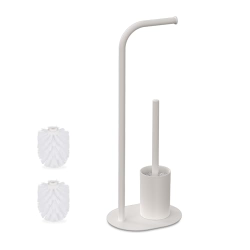 Relaxdays Piantana Portarotolo e Scopino, Portascopino da Bagno, Porta Rotolo Carta Igienica, HLP: 64,5x23x17 cm, Bianco