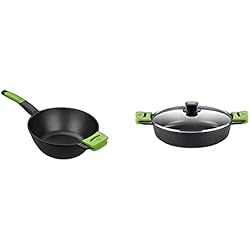 Ollas Bra Prior BRA PRIOR Wok con mango, aluminio fundido con antiadherente Prior- Cacerola Baja con Tapa de Cristal y Asas de Silicona, Apta para Todo Tipo de Cocinas Incluida Inducción y Horno, 28 cm