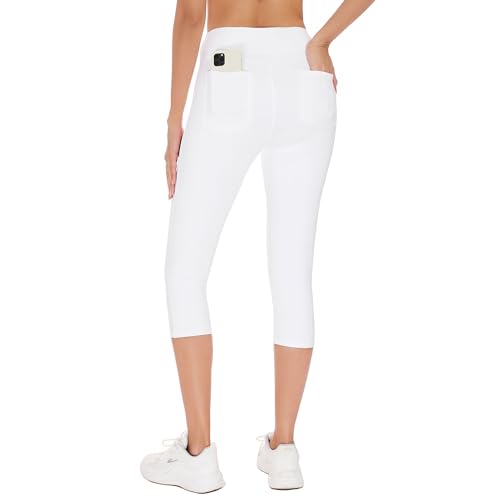 adorence Legging 3/4 de Sport Femme avec 4 Poches, Corsaire Femme Été Opaque, Pantacourt de Yoga Taille Haute - Blanc,L