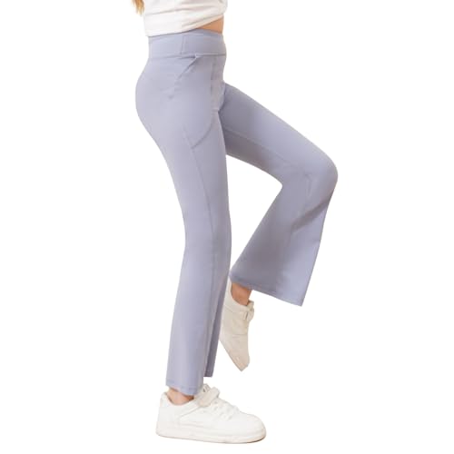 Girls Yoga Flare Leggings, Athletic Leggings for Kids, High Waisted Bell Bottoms for Dance Workout Light Blue2