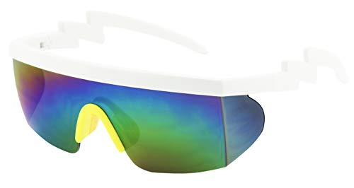 Image of ShadyVEU Semi Rimless Neon Rainbow Sunglasses Mirrored Lens UV Protection 80s Retro Rave Shades Crooked ZigZag Bolt Arm