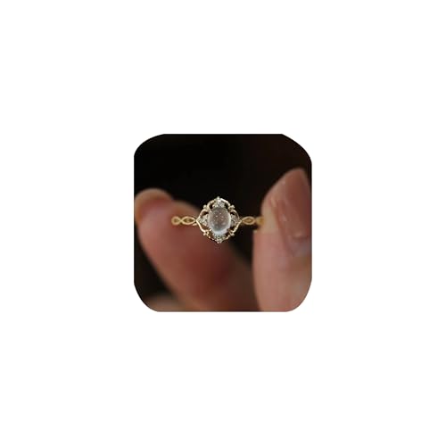 Oval Gemstone Statement Halo Ring for Women Moonstone Ring Moon Phase Ring Cubic Zirconia Wedding Engagement Band Finger Minimalist Open Adjustable Ring Her