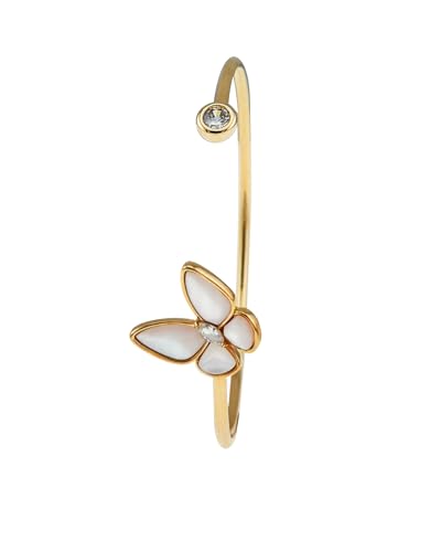 Dainty 18K Gold Mother of Pearl Butterfly Charm Cuff Bracelet with Cubic Zirconia Accents - Elegant Gift for Women3