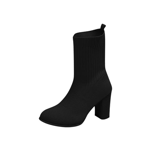 Image of Zeiayuas Mid Calf Boots Women Stretch Sock Knitted Winter Ankle Boots Low Block Heel Ruched Stretchy Bootie Ladies Slouch Booties
