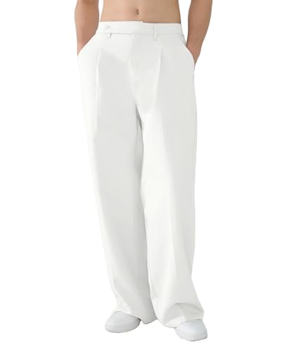 Susclude Casual Baggy Dress Pants Men Wide Leg Pleated Pants Mens Oversized Lightweight Slacks Trousers for Men White