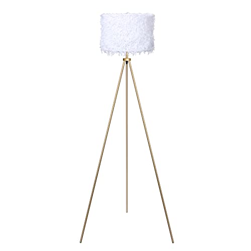 Modern Tripod Floor Lamp For Bedroom, Living Room, Gold Floor Lamps With White Cloth Fabric Shade, Faux Feather Tassels Finish #TOP7