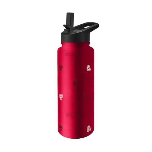 Image of Logo Brands NCAA North Carolina State Wolfpack Step & Repeat 34 oz Stainless Steel Quencher Bottle - All Over Logo Design, No-Spill Lid, Easy Carry Handle - Keeps Drinks Cold For Hours