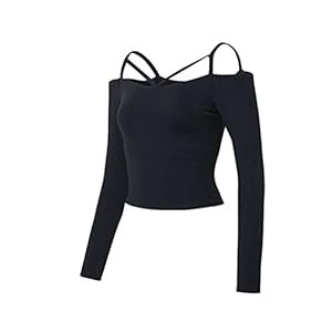 HSQMA Yoga Shirt for Women, Long Sleeve Open Shoulder Workout Shirts,Yoga Sports Tee Long Sleeve Breathable Athletic T Shirts (Color : Black/, Size : S/)