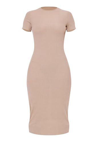 Image of Women's Crew Neck Short Sleeve Slim Fit Ribbed T Shirt Casual Midi Bodycon Dress