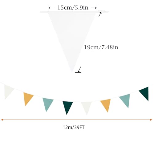 Image of Zwiebeco 39Ft Dark Green Gold White Fabric Bunting Banner Triangle Flags Cotton Garland Pennant for Forest Wild One Safari Birthday Wedding Baby Shower Outdoor Garden Decorations