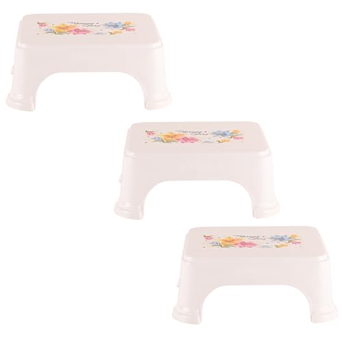 Kuber Industries Pack of 3 Bath Stool for Bathroom | Plastic Stools for Sitting | Bathroom Stool for Bathing | Flower Print Square Stool | White