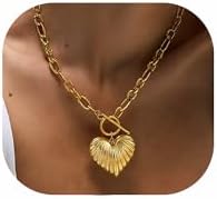 18K Gold Plated Heart Pendant Necklace Chunky Paperclip Choker Necklace for Women