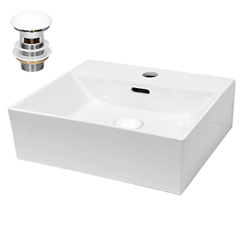 LuxeBath Waschbecken Keramik 415x360x130 mm eckig Weiß mit Ablaufgarnitur...