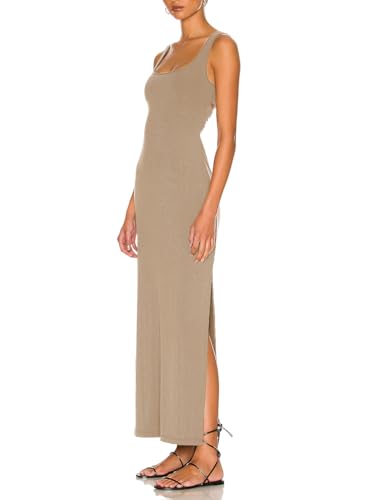 Image of Women Backless Bodycon Maxi Dress High Side Slit Twist Back Tank Dress | Criss Cross Twist Back Clubwear Scoop Neck Evening Party Dress Casual Vacation Beach Sundress Sleeveless Slit Prom Gown