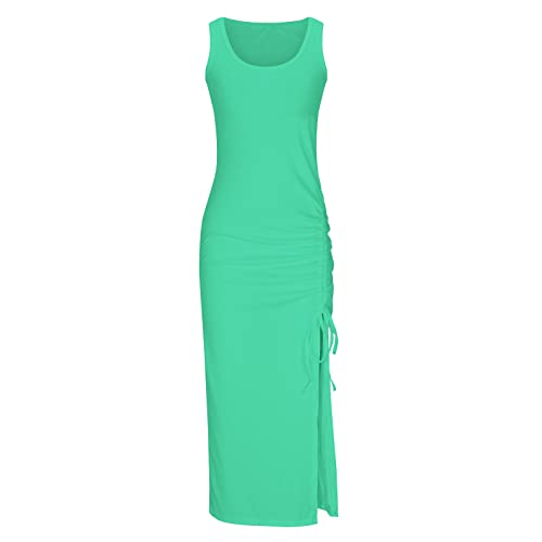 Dresses For Women 2023 Casual Cute Floral Print Bodycon Womens Boho Summer Dresses Sexy Sleeveless High Waist Ribbed Drawstring Ruched High Slit Casual Summer Dresses For Women 2023 Mint Green L #TOP3