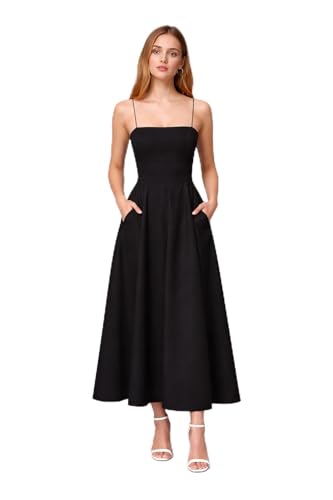 Image of Women's Spaghetti Strap Midi Dress, Fit and Flare A-Line Silhouette, Square Neck Summer Sundress