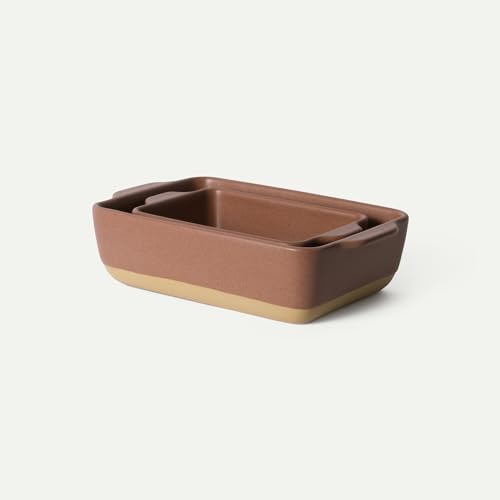 Image of Mora Ceramic Set of 2 Baking Dishes For Casserole, Banana Bread, Brownies, Broiling, Roasting, and Baking. 7x11 in and Loaf Pans - Porcelain Serving Bakeware from Oven to Table. Freezer Safe - Teracotta